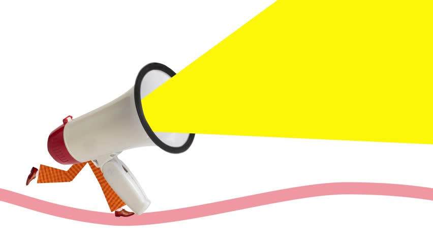Fun product video of walking megaphone in orange pants and brown shoes with copy space symbolizing public voice with confident tone. Concept of announcement, youth branding, social media promos.