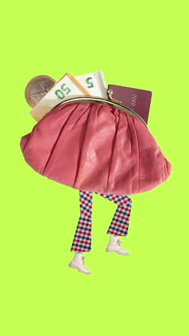 Playful stop motion. Pink coin purse with legs and cash symbolizing personal finance with positive attitude. Concept of fintech apps, budgeting tools, banking services, youth campaigns.