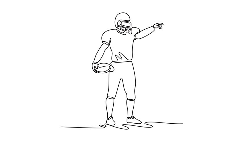 Self drawing animation of single line draw American football player holding the ball in his hand and pointing somewhere. Enjoy the match. Sport, emotion, victory. Continuous line. Full length animated