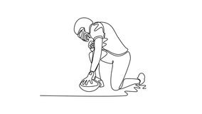 Self drawing animation of single line draw young professional American football player holding the ball on green field. Preparation for game start on competition. Continuous line. Full length animated - Powered by Shutterstock - Get 15% off with code: PIKWIZARD15