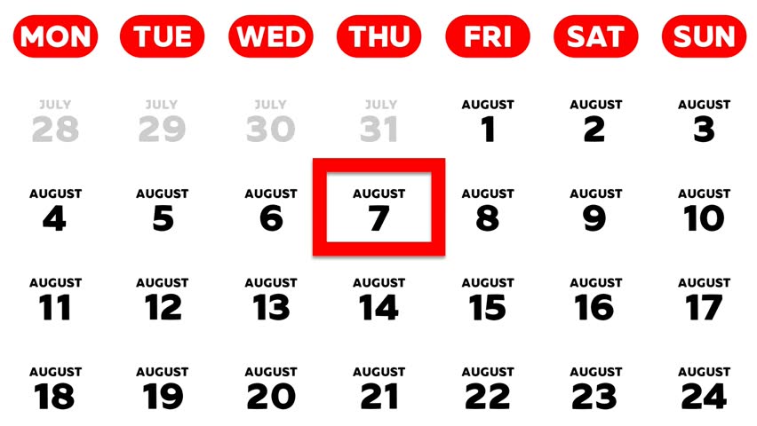 The date August 7th marked with a red cursor on the wall calendar 2025