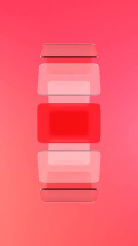 Vertical animation of rotating advertising banners with space for text in the style of glass morphism on a red background. Empty space for text. Modern style, motion design, background.