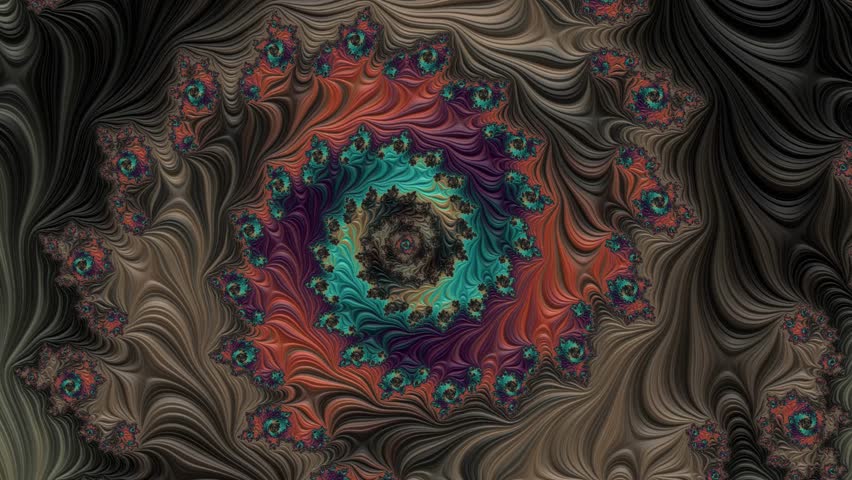 Hypnotic dark fractal spiral with swirling abstract patterns and deep earthy colors in endless motion