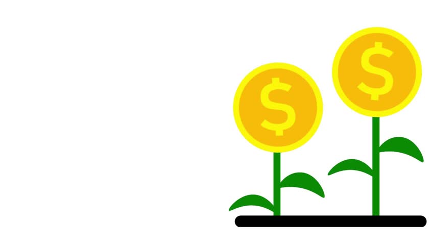 Animation of two plants with gold coins shaped like dollar signs as flowers. This image illustrates the concept of investment growth, wealth development, or the results of growing savings.
