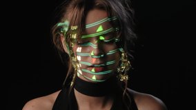 Portrait of a woman with Stock Market Data symbols on her face. Showcasing the integration of technology in finance. - Powered by Shutterstock - Get 15% off with code: PIKWIZARD15