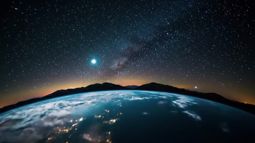 A stunning time-lapse of the Milky Way galaxy stretching across a dark night sky above a mountain landscape. Perfect for astronomy, space, or natural wonder concepts.