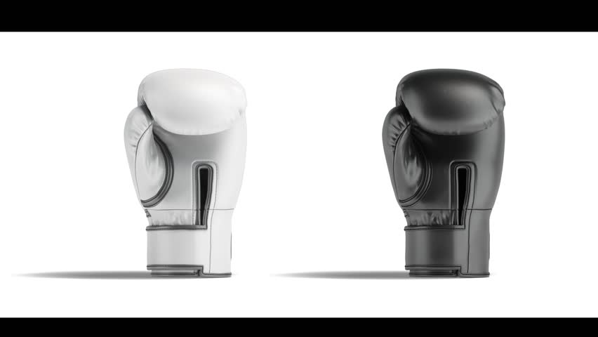 Black and white single boxing glove, 4k, looped rotation, 3d rendering. Leather box gear uniform for professional shot, isolated on white background. Training protective gloves for. 3D Illustration