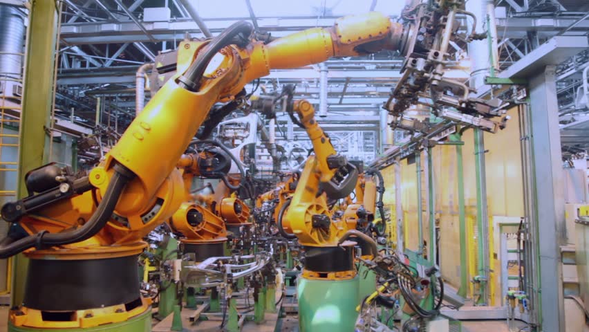 Robotics work in production line of car parts at factory Royalty-Free Stock Footage #3851357