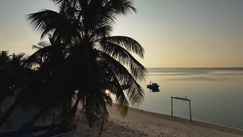 Aerial view of boats bobbing gently on the calm, turquoise sea, contrasting against the white sandy beach and lush green palm trees at sunset, Naavaidhoo, Haa Dhaalu City, Maldives.