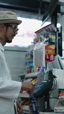 Smiling cashier passing shopping bags to customer after transaction at convenience store checkout counter