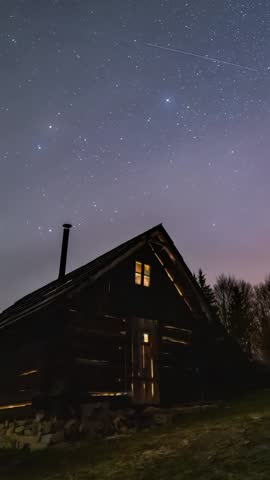Starry Night Sky over Wooden Cabin in Forest, Vertical Time Lapse