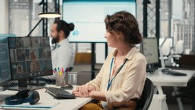 Woman engaging in discussion on video call to share finance strategy details, using data analysis to create a briefing for reports. Building an effective partnership via conferencing. Camera B. - Powered by Shutterstock - Get 15% off with code: PIKWIZARD15