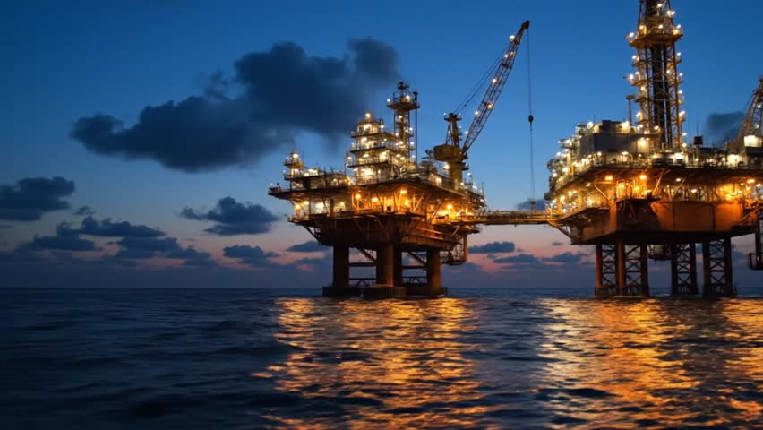 	
Offshore Oil Rig Platform Illuminated at Sunset in Deep Sea with Reflection on Water Surface under Cloudy Sky for Energy Industry Concept
