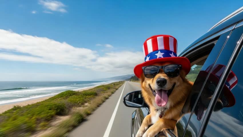 Patriotic Dog Wearing Uncle Sam Hat Enjoying Coastal Road Trip and sunglasses summer vacation animal lover design Independence da 4th of july patriotic ho