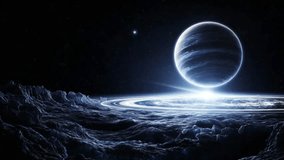 A mysterious blue planet with glowing ring and moon dark space. futuristic cosmic view of distant galaxy over serene alien - Powered by Shutterstock - Get 15% off with code: PIKWIZARD15