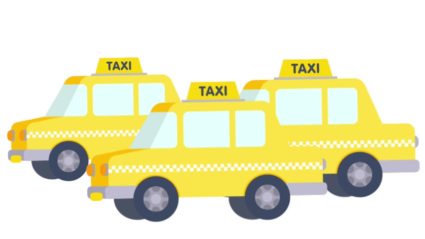 animation of three yellow taxi cars moving on white isolated