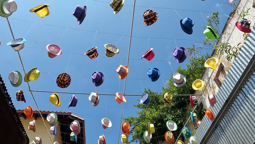 Panama City Hats Street, Walking Under Hanging Hats in Casco Viejo Old Town Point of View, La Calle De los Sombreros