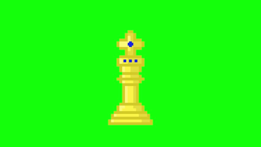 Golden chess king in 8-bit pixel art style. Retro video game sprite isolated on a chroma key green background