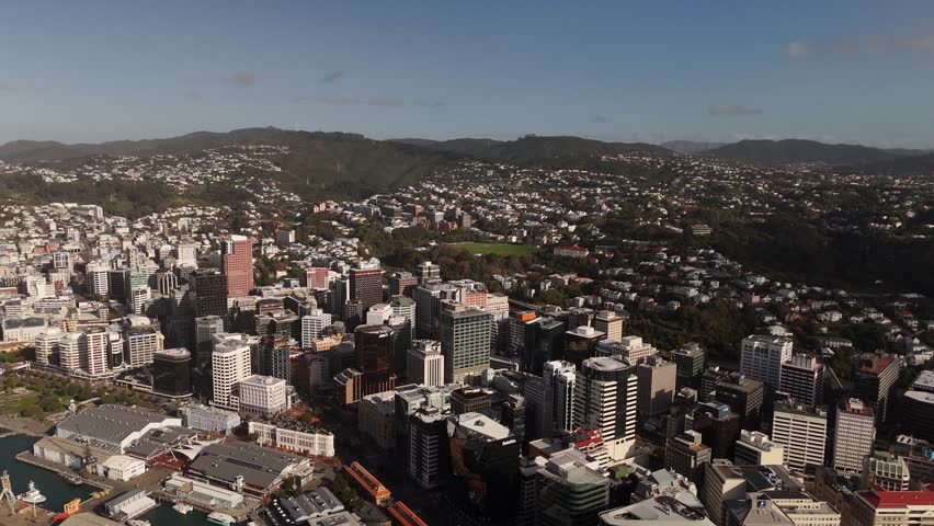 Famous port of Wellington in New Zealand st sunny day. City with houses and neighborhood on island. Aerial panoramic shot.