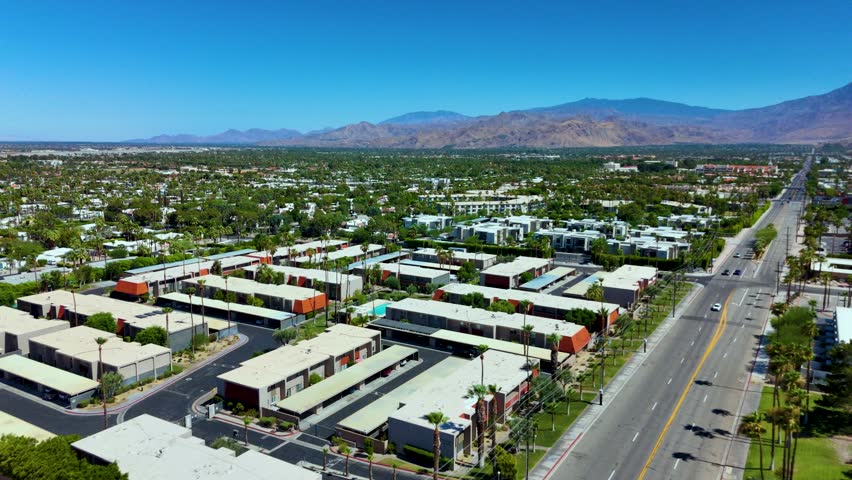 Aerial view of Palm Springs residential district with mountain backdrop