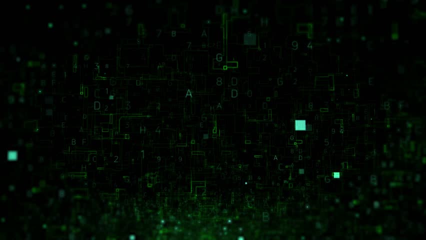 Digital Matrix of Numbers and Letters in a Futuristic Green Grid