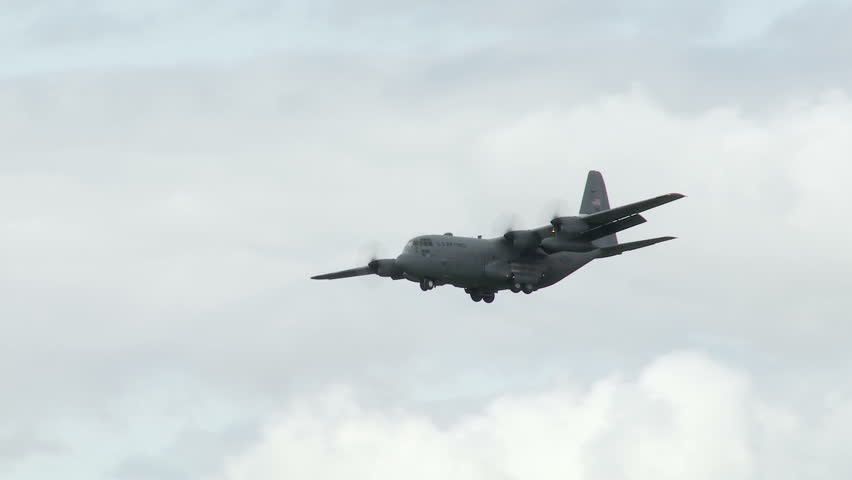 Lockheed Hercules military transport aircraft coming into land.