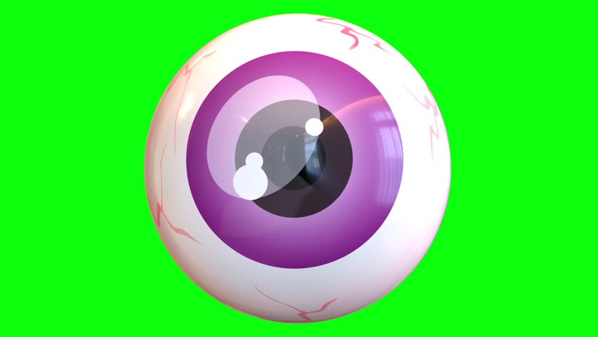 Stylized 3D cartoon eyeball with a large purple iris, glossy reflections, and subtle red veins. Isolated on a vivid green chroma key background. Ideal for Halloween-themed designs, spooky animations