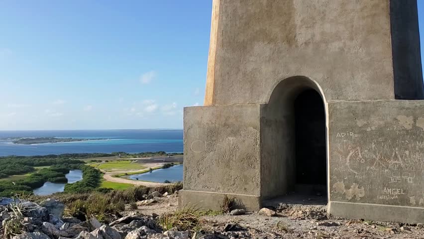 Experience a breathtaking tilt-up shot of Faro Los Roques lighthouse on the beautiful Los Roques Archipelago.