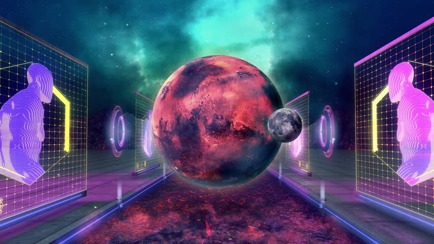 An abstract looping neon tech landscape background in a futuristic Sci Fi style, featuring a large central spinning planet.