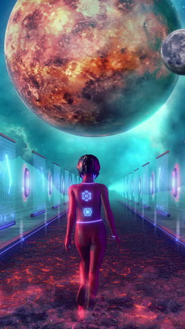 An abstract looping background in a futuristic Sci Fi style, with a female character walking through a neon tech landscape featuring digital screens, and a large central spinning planet.