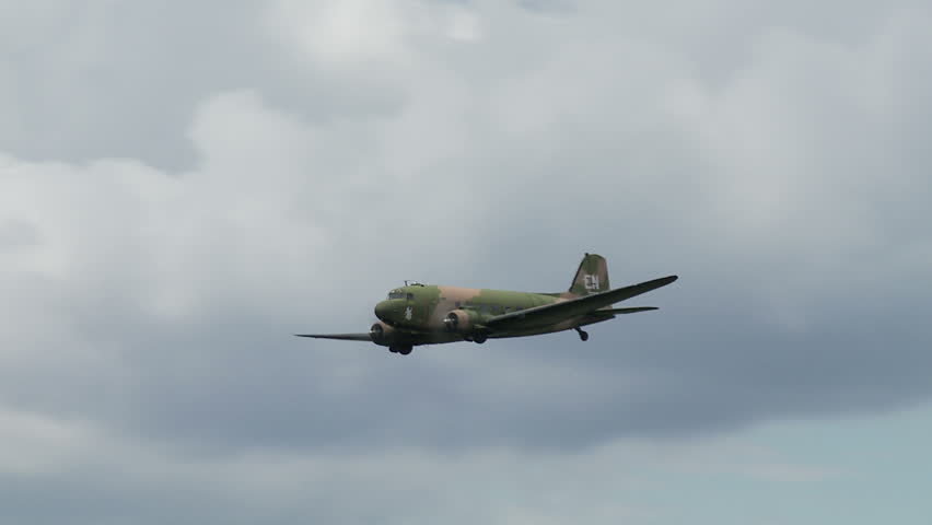 Douglas C-47 Skytrain in flight.  Recorded in slow motion at 60fps and partially