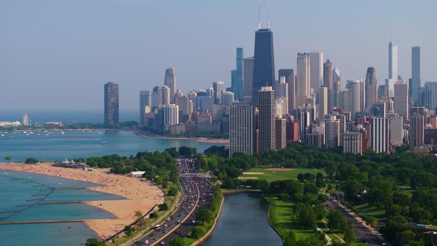 Aerial Pullback Reveals Chicago Cityscape. Tight Close Up Shot