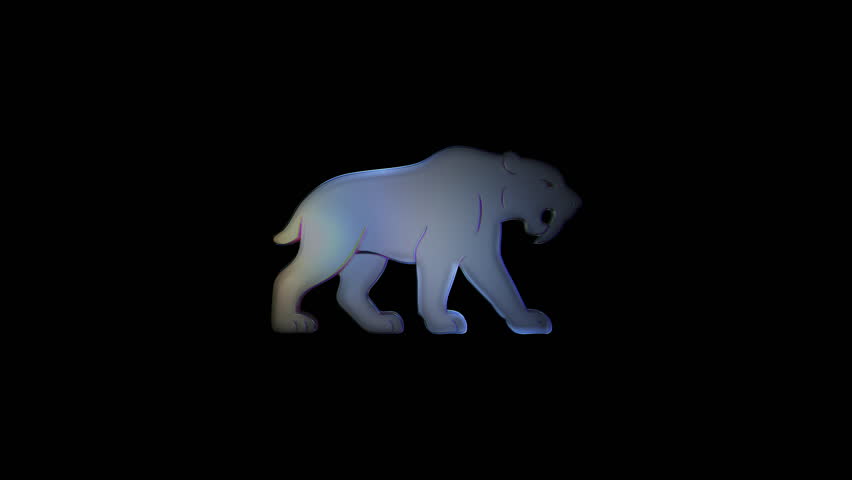 Stylized silhouette of a saber-toothed tiger with glossy translucent surface and soft gradient colors, isolated on black background, symbolizing prehistoric power

