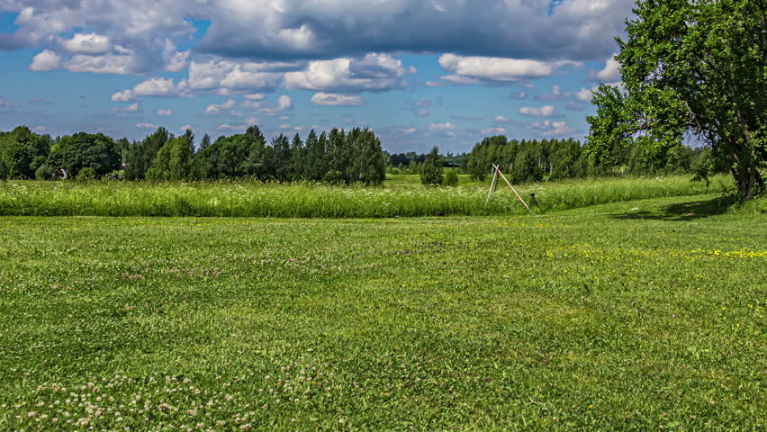 Grassy field with trees on horizon under blue sky and cumulus clouds, tractor mowing across grounds