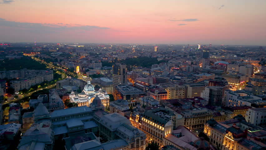 Bucharests Cityscape at Dusk A Stunning Display of Illuminated Architectural Marvels and Beauty. Romania