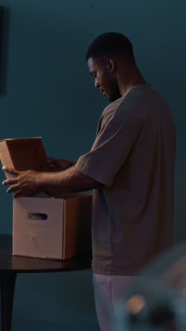 Vertical side view slowmo of young African American man in casualwear standing in modern living room and opening box with frames, looking at old photos and remembering happy moments