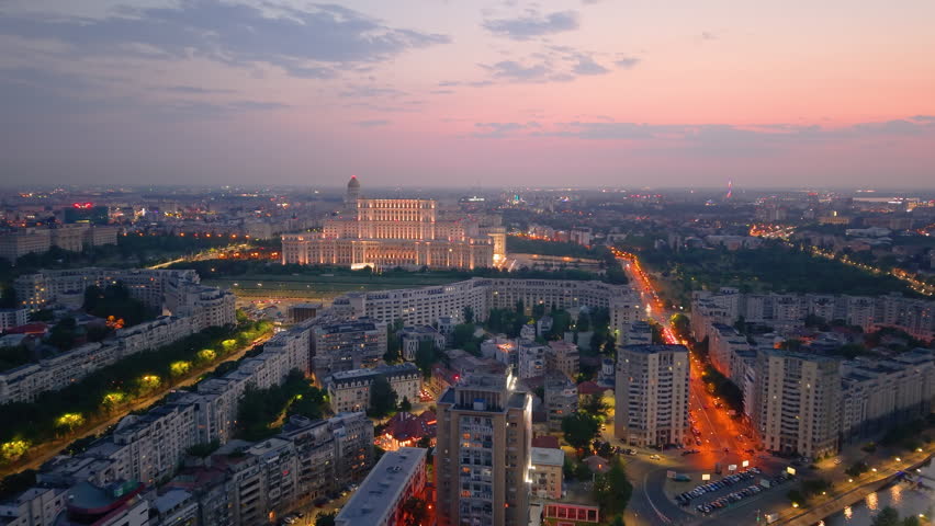 Stunning and breathtaking Aerial View of Bucharests Iconic Palace Parliament beautifully at Dusk. Romania