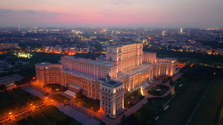 Stunning and breathtaking Aerial View of Bucharests Iconic Palace Parliament beautifully at Dusk. Romania