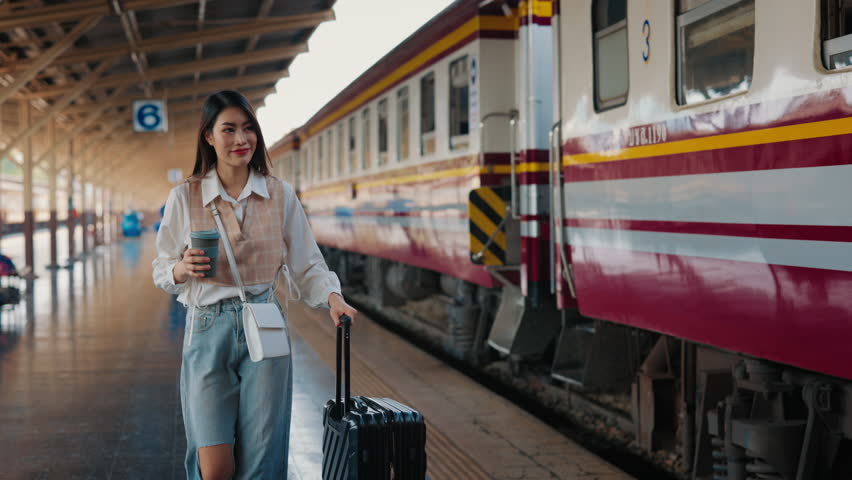 Portrait of Asian woman passenger with coffee cup and suitcase walking along platform. Attractive brunette lady ready long waited vacation at railroad station. Travelling trends