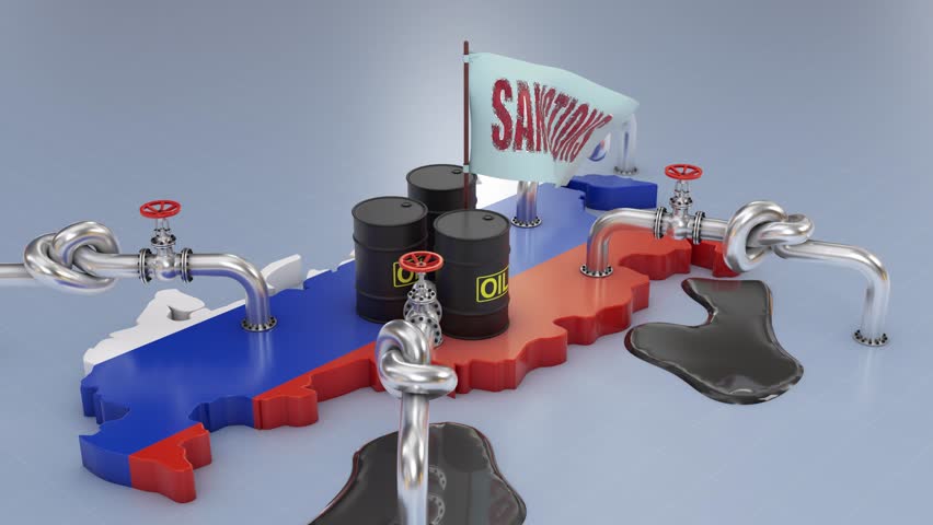 Oil barrels on the map of Russia and pipelines tied in knots symbolize sanctions and restrictions on energy exports.3D render.
