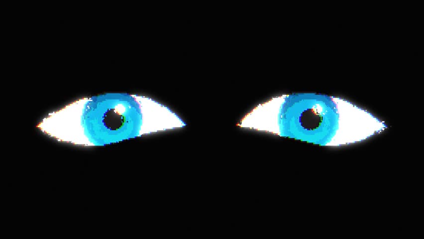 Loop animation of blue pixel art eyes on black background with RGB glitch effect. The eyes move side to side and forward in constant motion.
