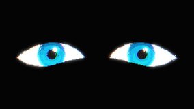 Loop animation of blue pixel art eyes on black background with RGB glitch effect. The eyes move side to side and forward in constant motion. - Powered by Shutterstock - Get 15% off with code: PIKWIZARD15