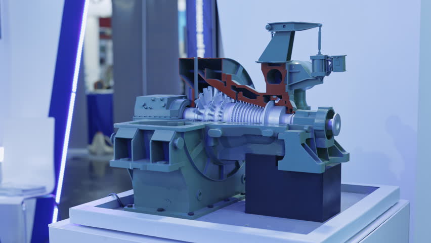 Rotating cutaway model of an industrial turbine on display at a technology exhibition. Shows internal mechanical components, rotor movement and engineering design for energy or aerospace industries.