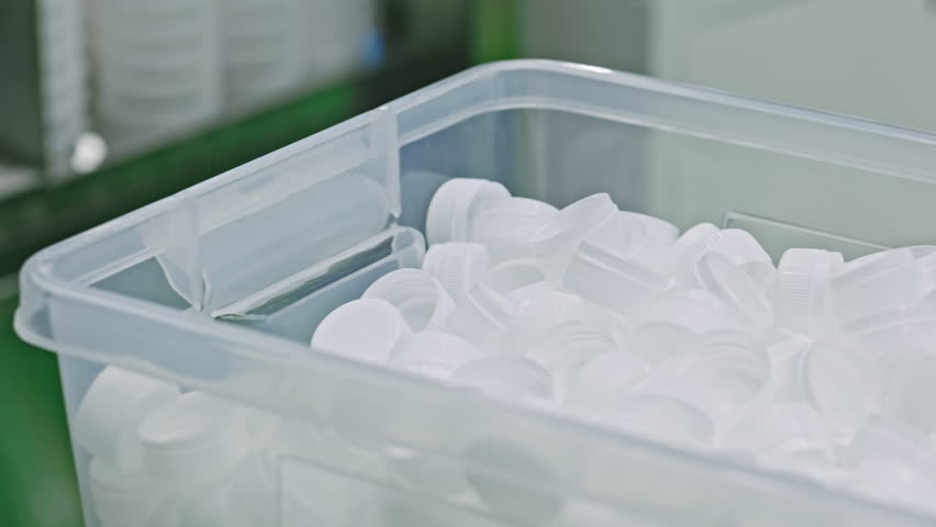 Close-up of wide-mouth plastic bottle caps stacked in a container at a modern packaging or plastic molding factory. Food-grade or pharma-use production stage before filling and sealing.