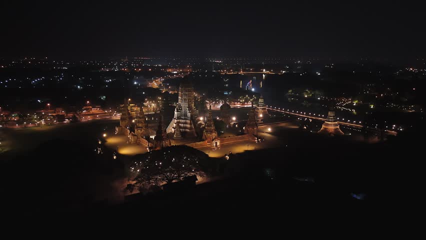 Aerial View of ancient Wat Chaiwatthanaram temple, in the Ayutthaya historical park, a unesco world heritage site
