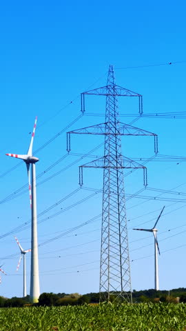 Wind mills beside the electric power towers in the countryside. Energy concept. Vertical video.