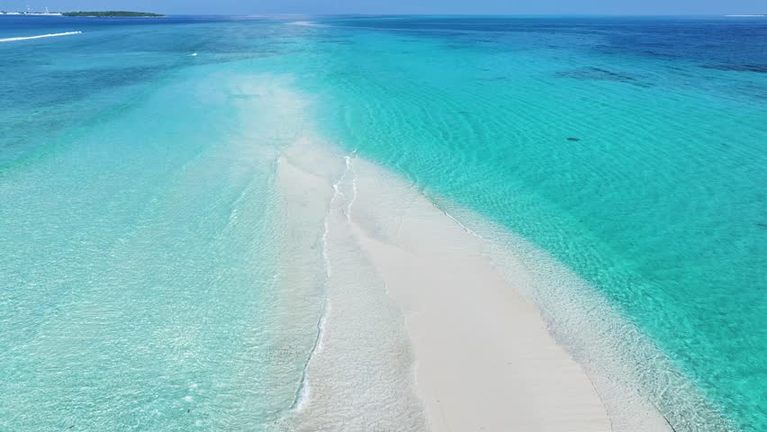 Aerial view of turquoise water and sandbank, Maldives.