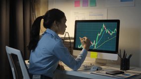 Professional businesswoman analyzing financial data on computer screen, pointing at rising stock market chart during late night work session in modern office environment - Powered by Shutterstock - Get 15% off with code: PIKWIZARD15