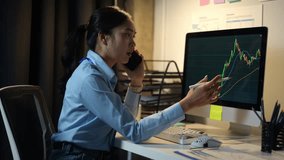 Professional businesswoman working at desk, analyzing stock market graphs on computer screen while discussing investment strategy on phone during late night office session - Powered by Shutterstock - Get 15% off with code: PIKWIZARD15