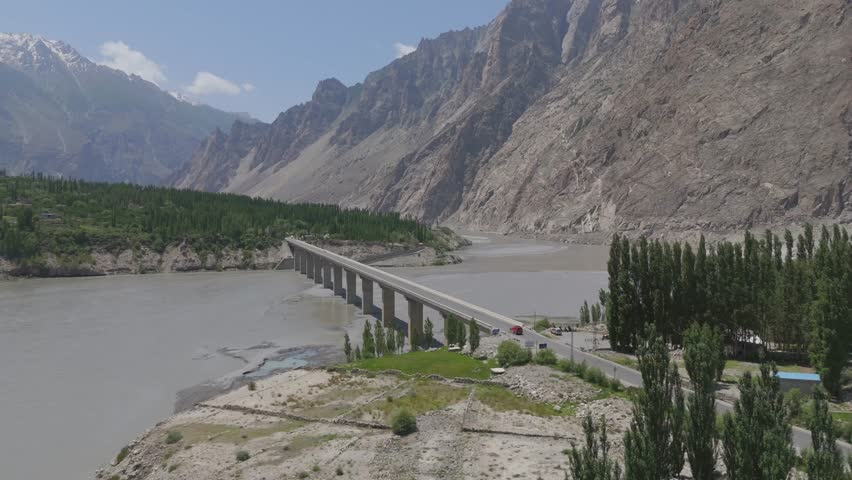 Aerial view of bridge over river, Pakistan.